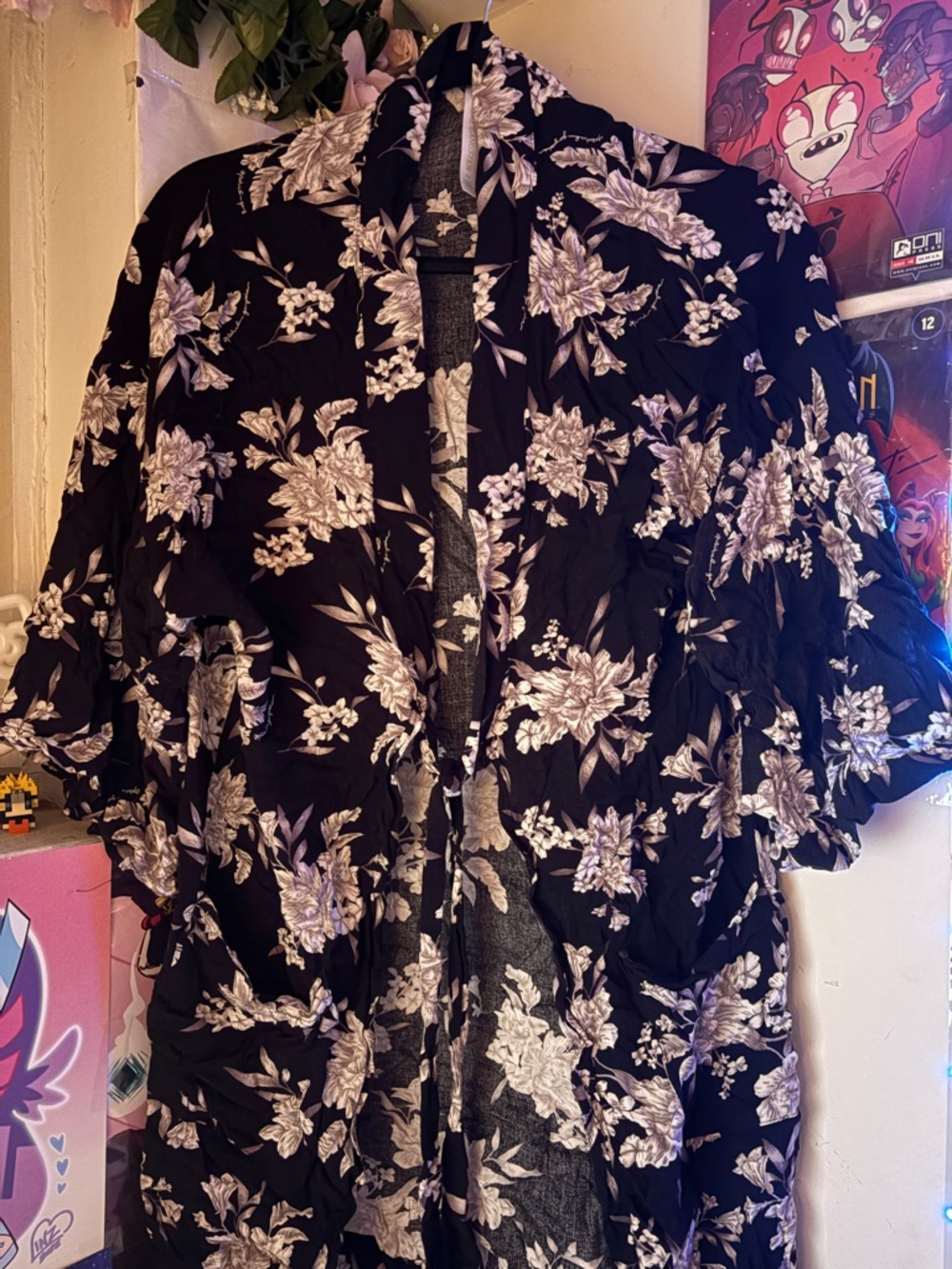 Spiritual Gangster Black Floral Kimono Robe with Ivory Flowers